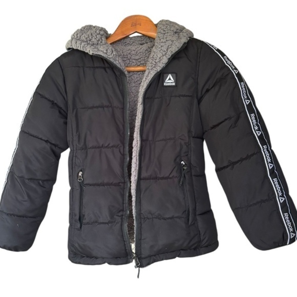 Reebok Reversible Jacket Black Puffer Gray Fur Size Medium 10/12 Winter Jacket